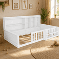 thumbnail image 1 of Miniyam Twin Size Floor Bed, Kids Wood Bed Frame with Guardrails, Side Bookshelf, White, 1 of 7