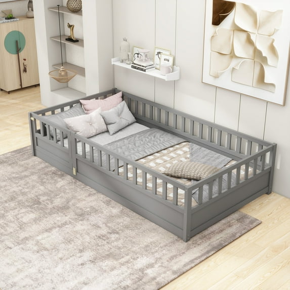 Miniyam Wood Twin Size Floor Bed with High Guardrail, Gray