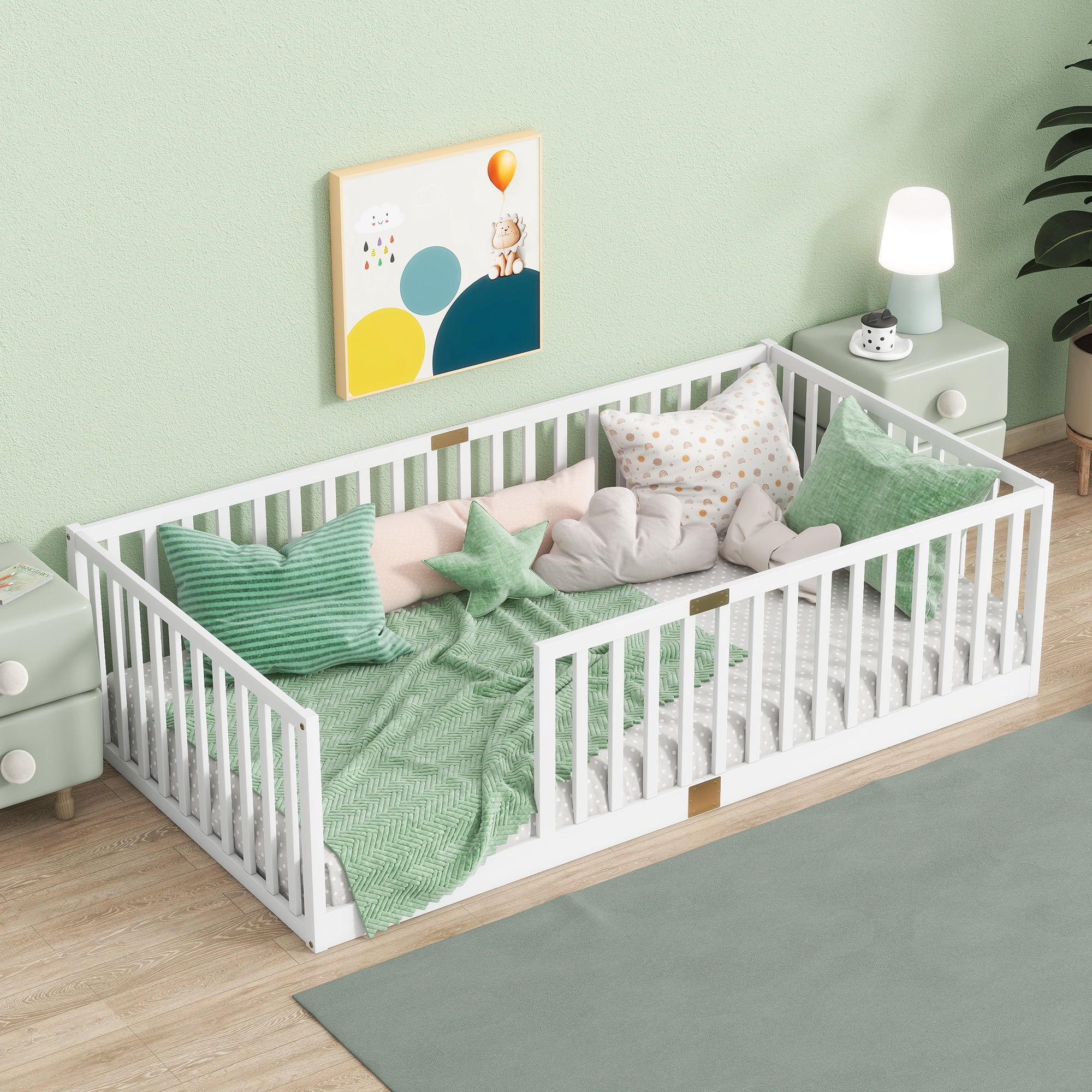 Miniyam Twin Size Floor Bed with High Safety Fence for Kids, White