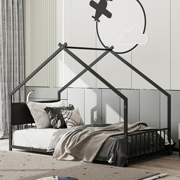 Miniyam Twin Size House Bed with Canopy, LED Lights for Kids and Teens, Black