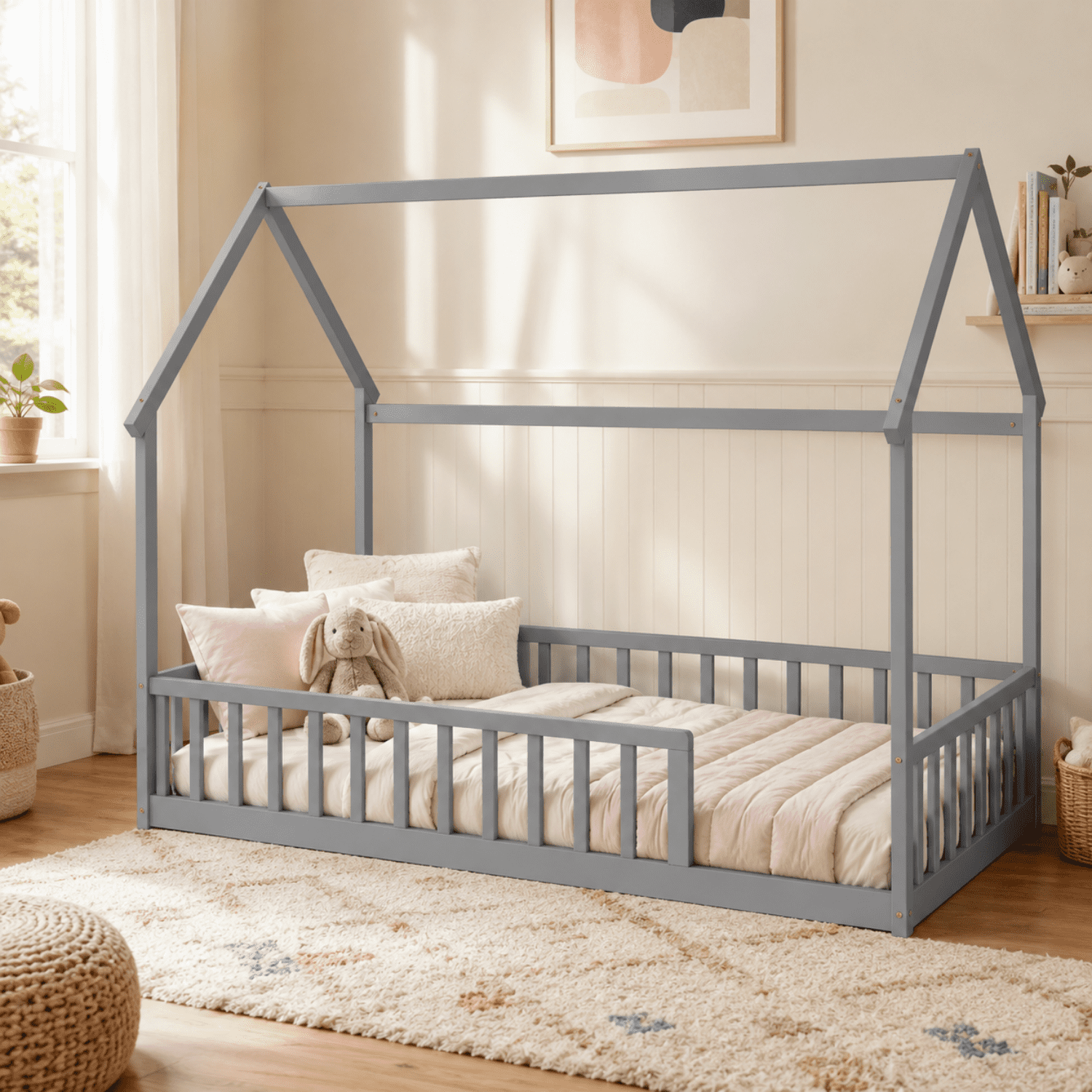 Miniyam Twin Size House Floor Bed for Kids, Wood Low Profile Bed Frame with Guardrails, Gray
