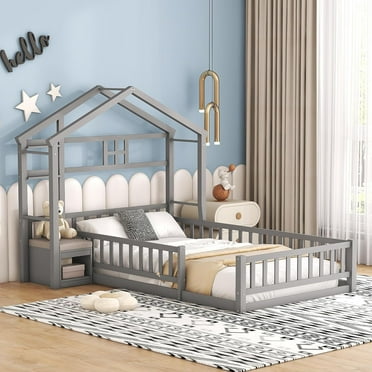Miniyam Twin Size House Floor Bed with Nightstand & Fence for Toddler, Gray