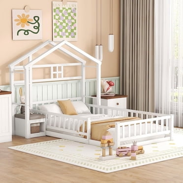 Twin Size Floor Bed with Storage Footboard and Guardrail - White