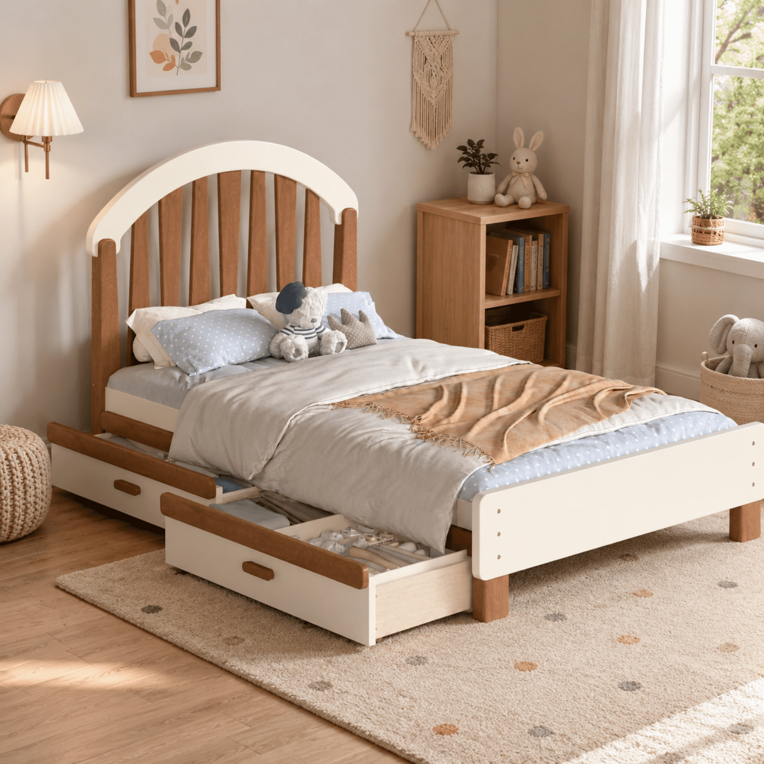 Miniyam Twin Size Kids Bed Frame with Storage Drawer, Wooden Platform Bed, Beige & Natural