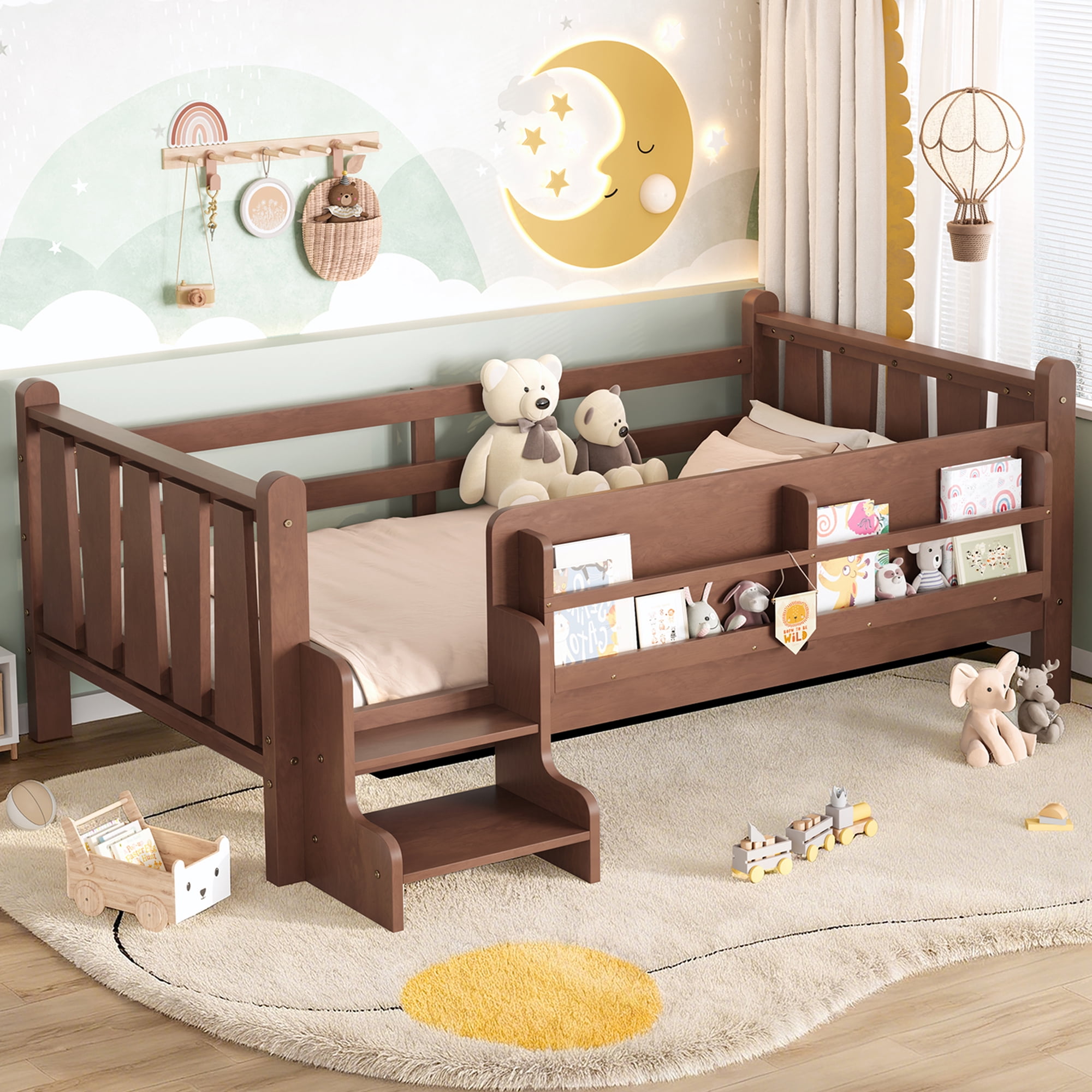 Miniyam Twin Size Kids Floor Bed with Guardrails and Bookshelves, Pine Wood & MDF Frame, Easy Access Step Ladder, Walnut
