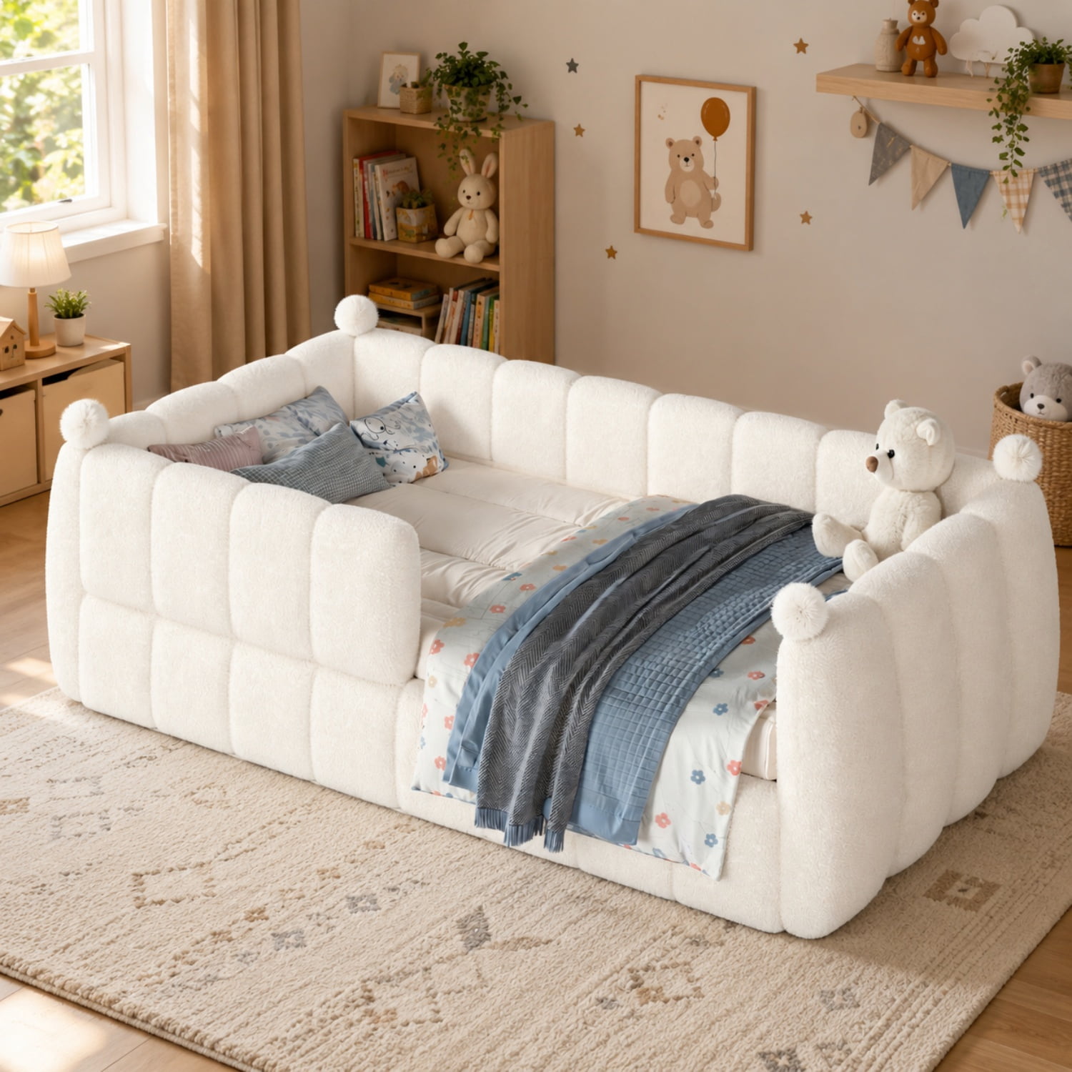 Miniyam Twin Size Kids Floor Bed with Soft Upholstered Guardrails, Low-to-Ground Montessori Bed Frame, Beige