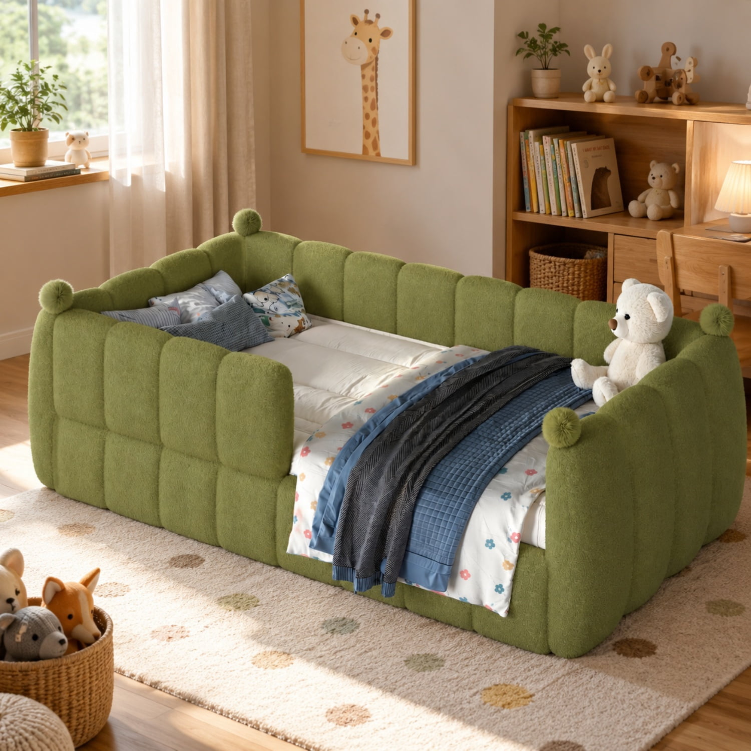 Miniyam Twin Size Kids Floor Bed with Soft Upholstered Guardrails, Low-to-Ground Montessori Bed Frame, Green