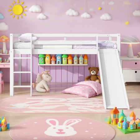 Miniyam Twin Size Kids Loft Bed with Slide, Guardrails, Ivory white