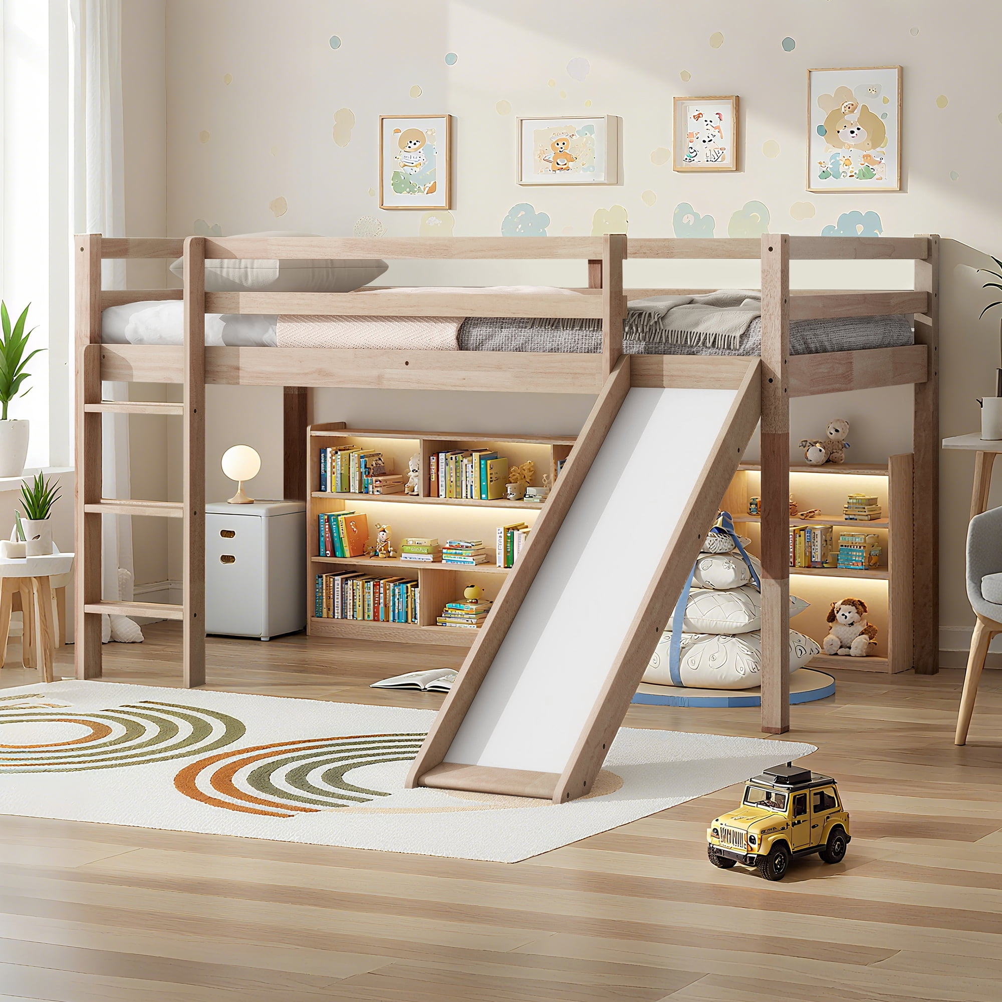 Miniyam Twin Size Kids Loft Bed with Slide, Guardrails, Light oak