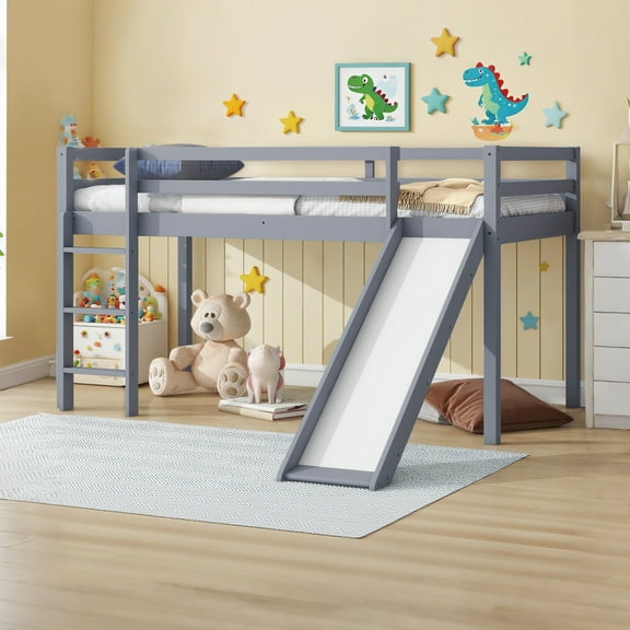 Miniyam Twin Size Kids Loft Bed with Slide, Guardrails, Pale Gray