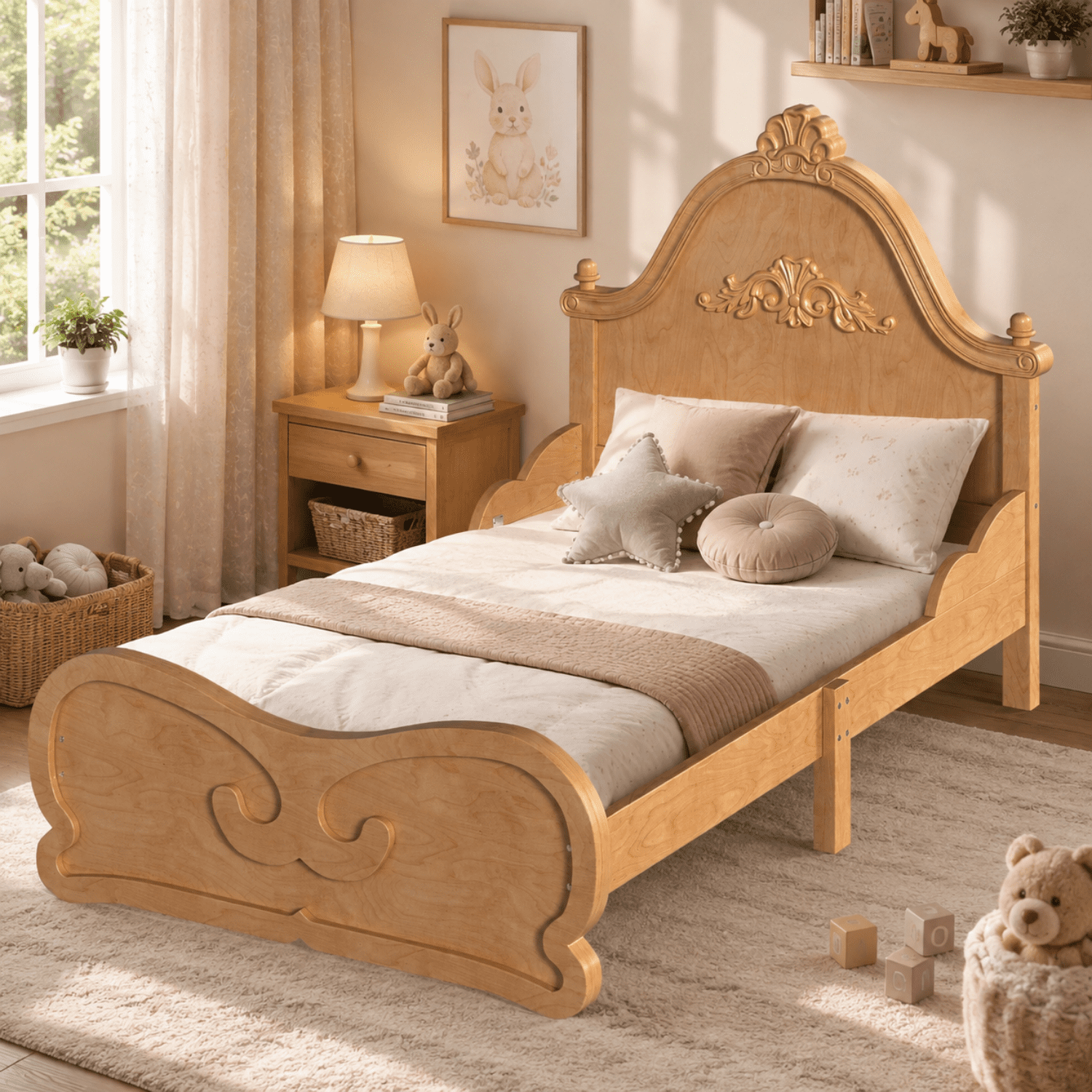 Miniyam Twin Size Kids Platform Bed Frame with Carved Headboard and Footboard, Wood Bed, Natural