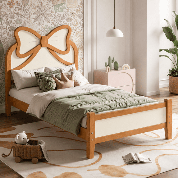 Miniyam Twin Size Kids Platform Bed with Bow-Shaped Headboard, Wood Bed Frame, Natural
