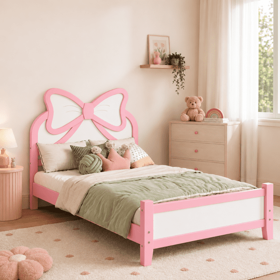 Miniyam Twin Size Kids Platform Bed with Bow-Shaped Headboard, Wood Bed Frame, Pink