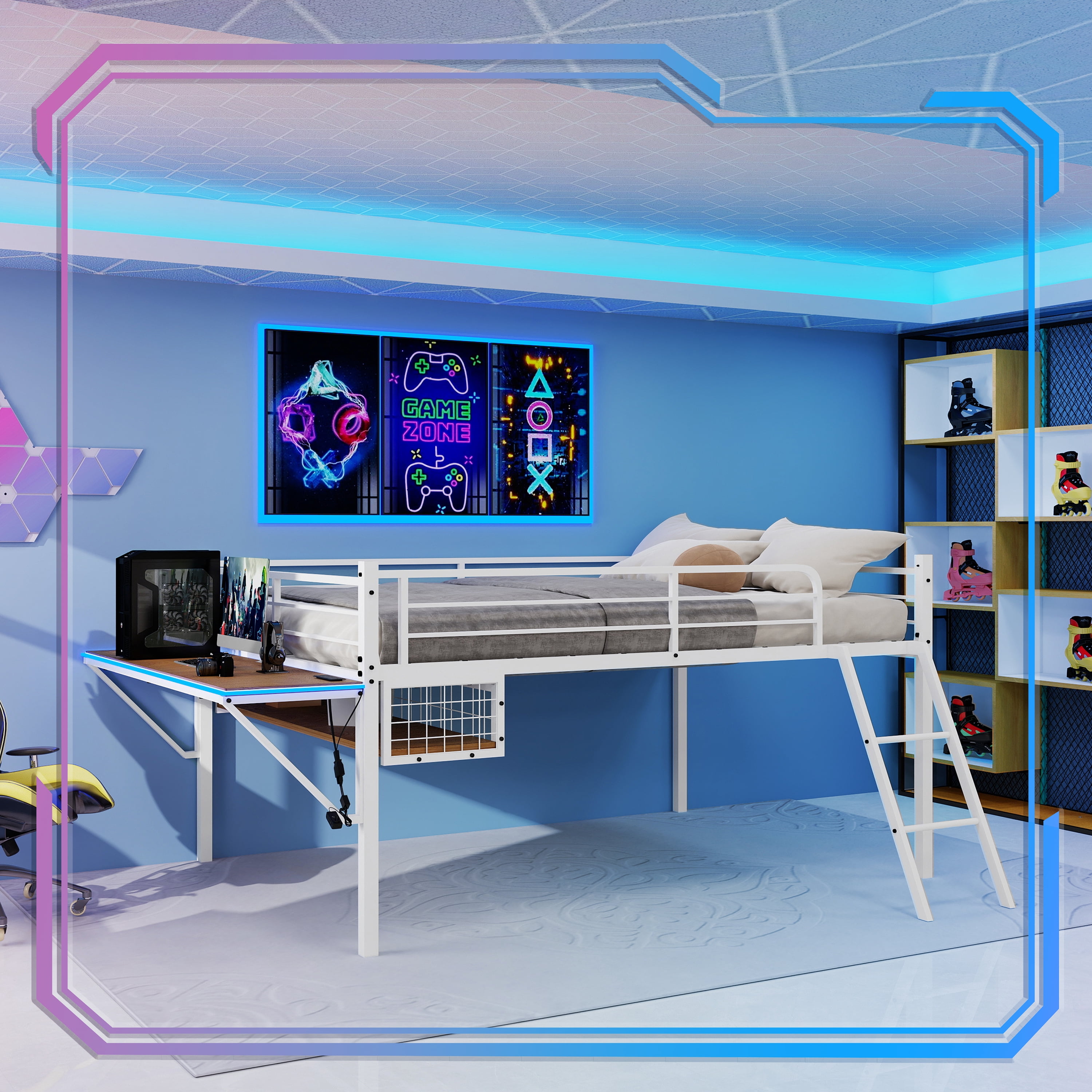 Miniyam Twin Size Loft Bed with Desk, Metal Frame with Guardrails, Ladder, LED Light and Underbed Storage, White