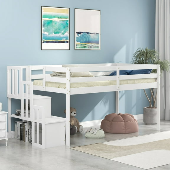 Miniyam Twin Size Loft Beds with Stairs for Kids, White