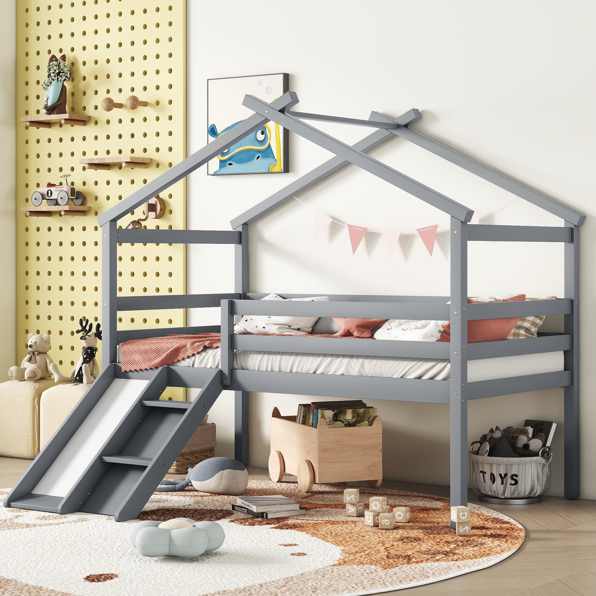 Miniyam Twin House Loft Bed with Slide and Ladder, Wood Kids Bed Frame with Guardrails, Gray