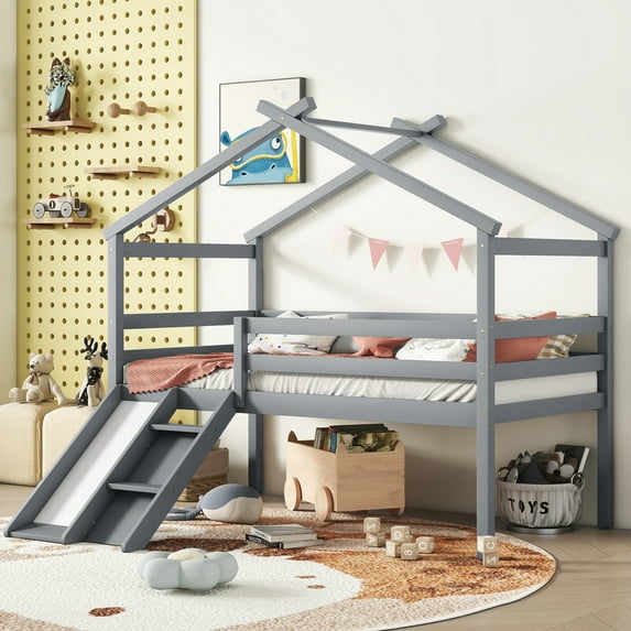 Miniyam Twin Size Low Loft Bed with Slide for Kids, House Roof Frame, Gray