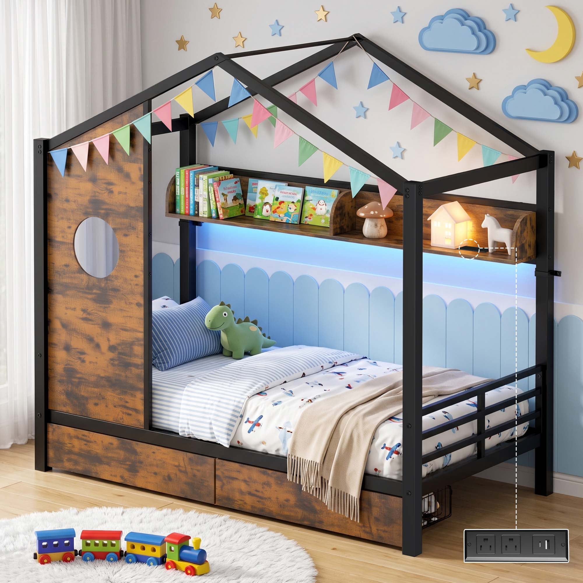 Miniyam Twin Size Metal House Bed with 2 Storage Drawers, Storage Shelf and Charging Station, Black