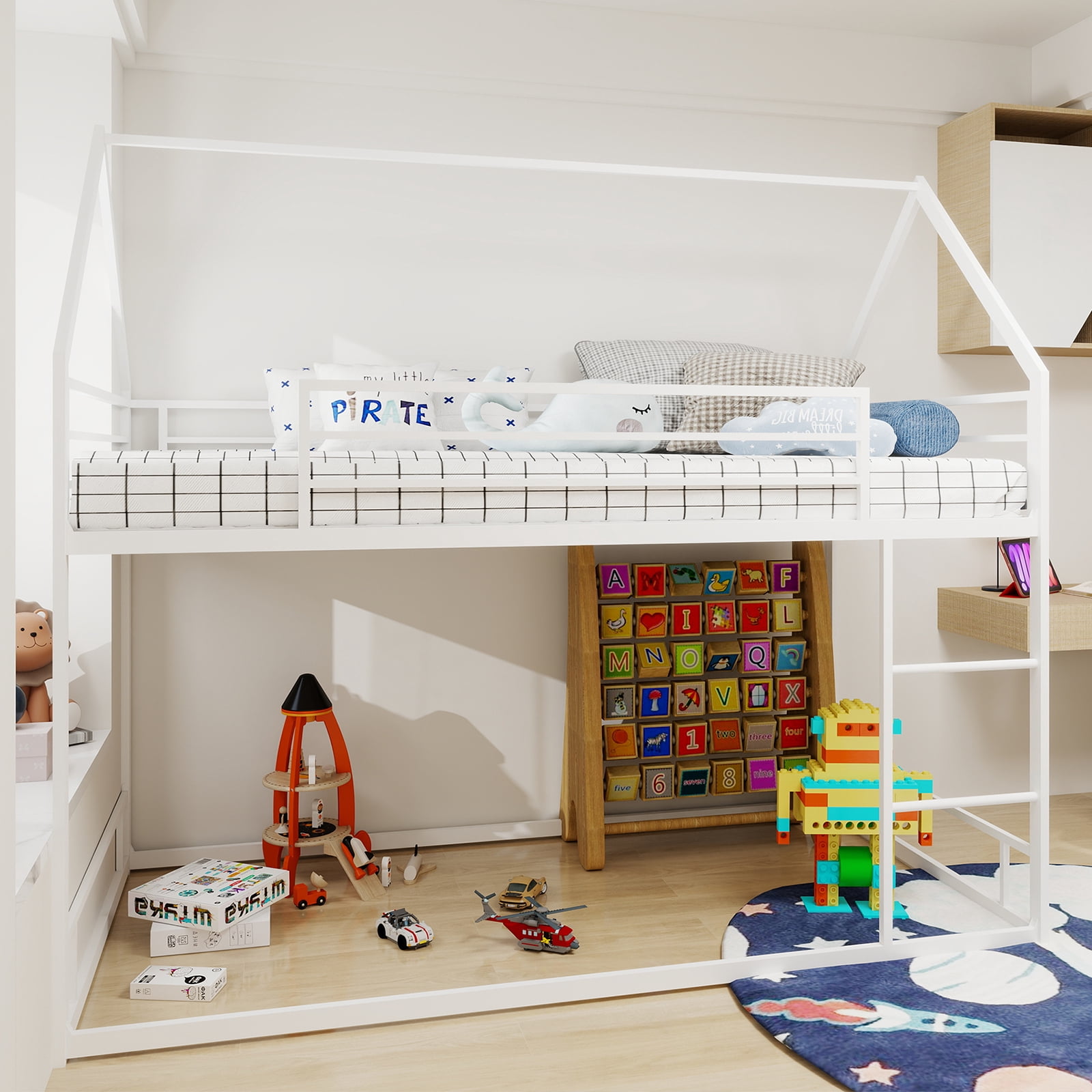 Miniyam Twin Size Metal Loft Bed with Safety Guardrails for Kids, White