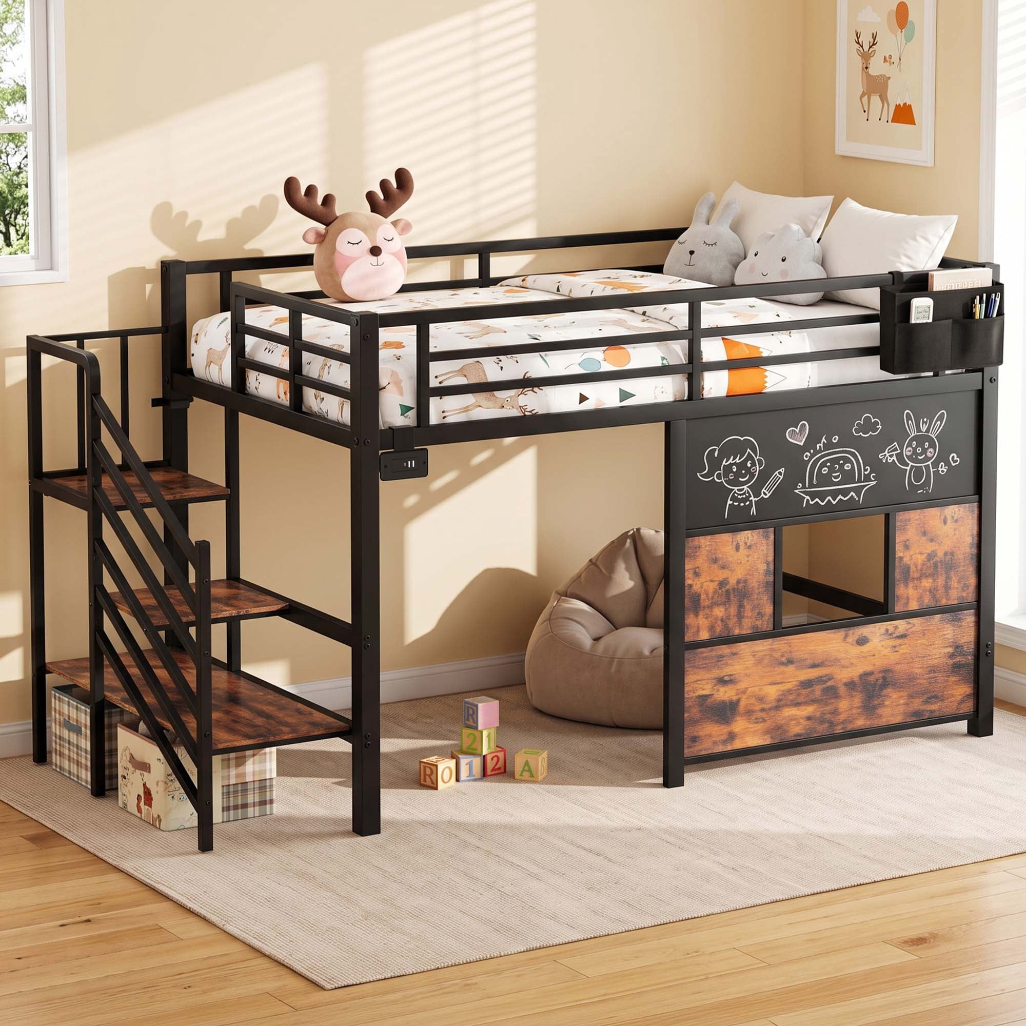 Miniyam Twin Size Metal Low Loft Bed with Storage Stairs and Blackboard,USB Charging, Black
