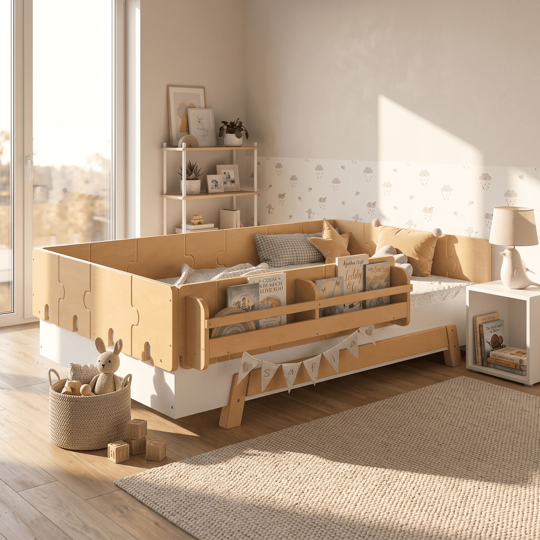 Miniyam Twin Size Montessori Floor Bed, Kids Bed Frame with Guardrails and Bookshelf Storage, White & Natural