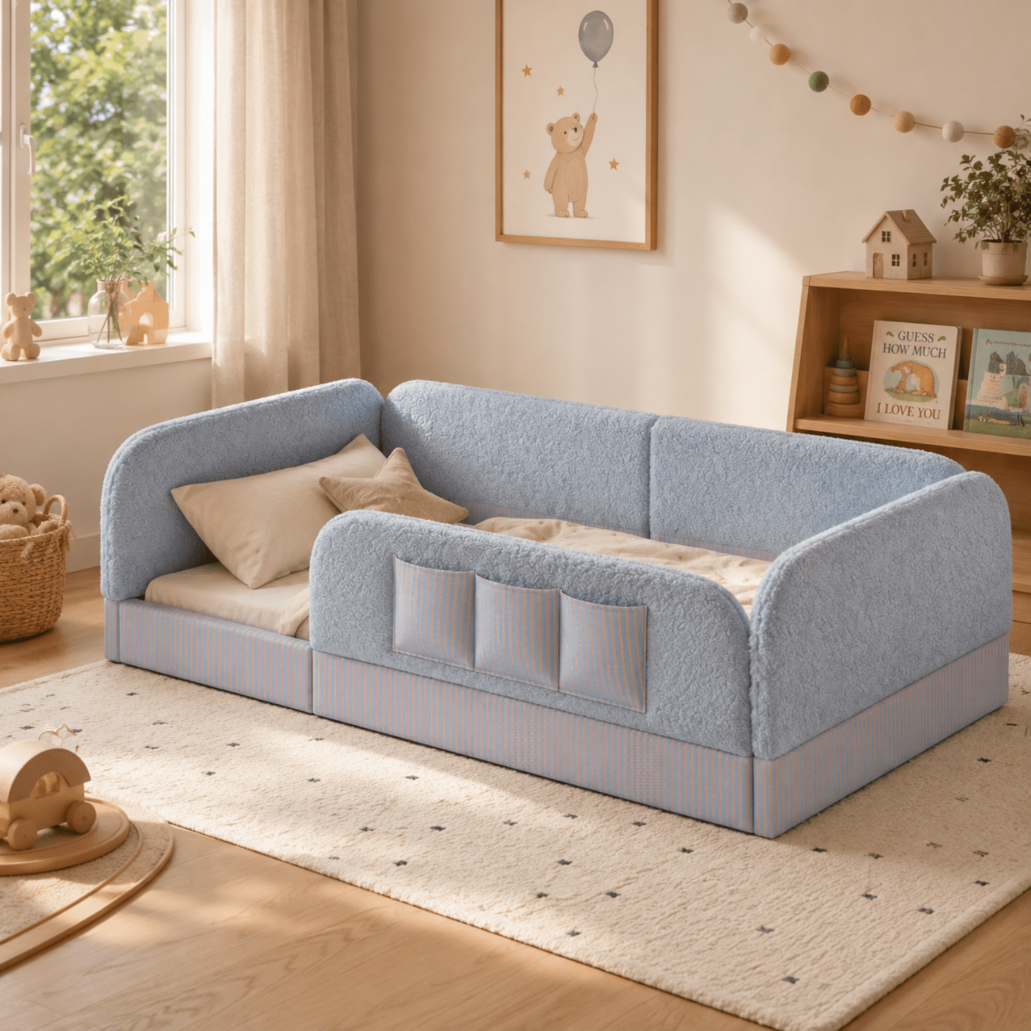Miniyam Twin Size Montessori Floor Bed for Kids, Upholstered Teddy Fleece Low Profile Bed Frame, Blue
