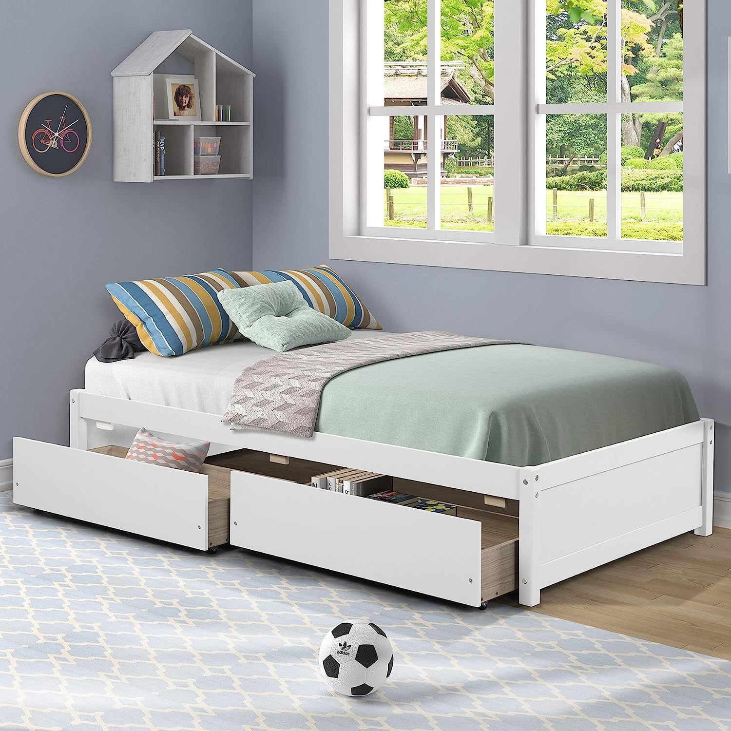 Miniyam Twin Size Platform Bed Frame with 2 Storage Drawers for Kids White
