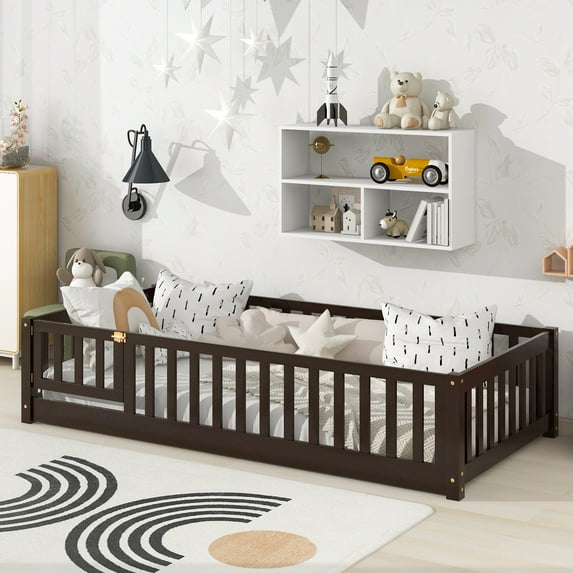 Miniyam Twin Size Toddler Floor Bed with Fence, Espresso