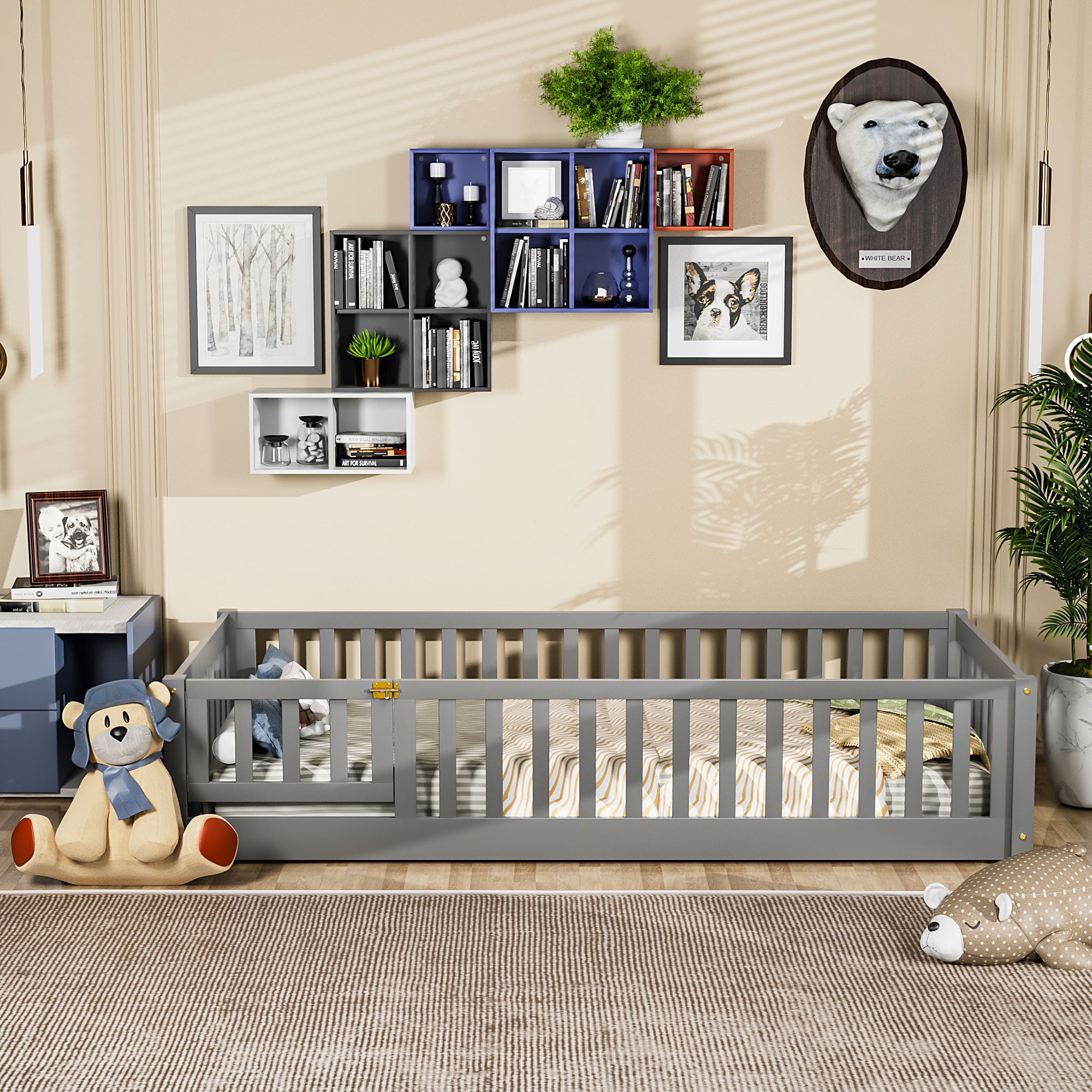 Miniyam Twin Size Toddler Floor Bed with Fence, Gray