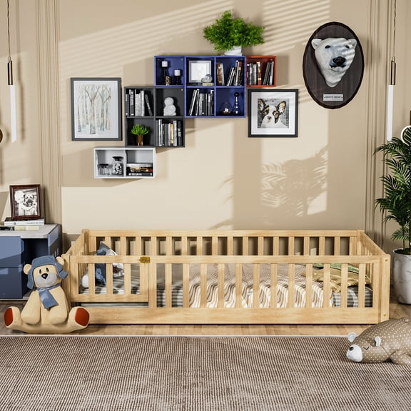 Miniyam Twin Size Toddler Floor Bed with Fence, Natural