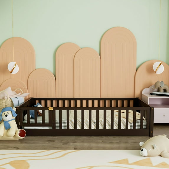 Miniyam Twin Size Toddler Floor Bed with Safety Guardrails, Espresso