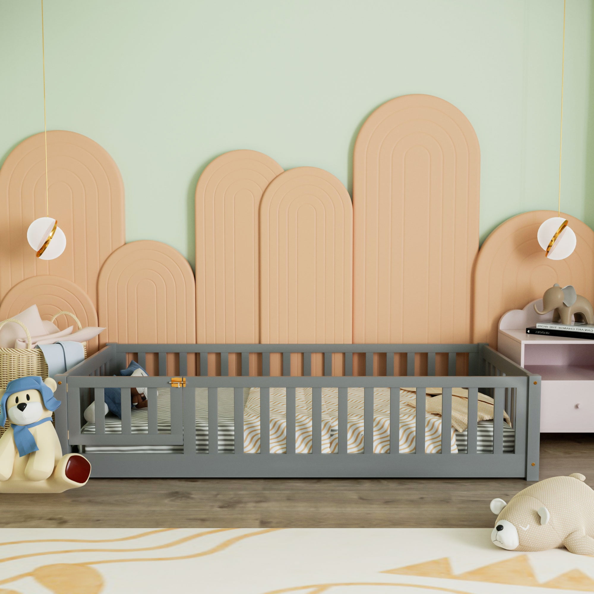 Miniyam Twin Size Toddler Floor Bed with Safety Guardrails, Gray