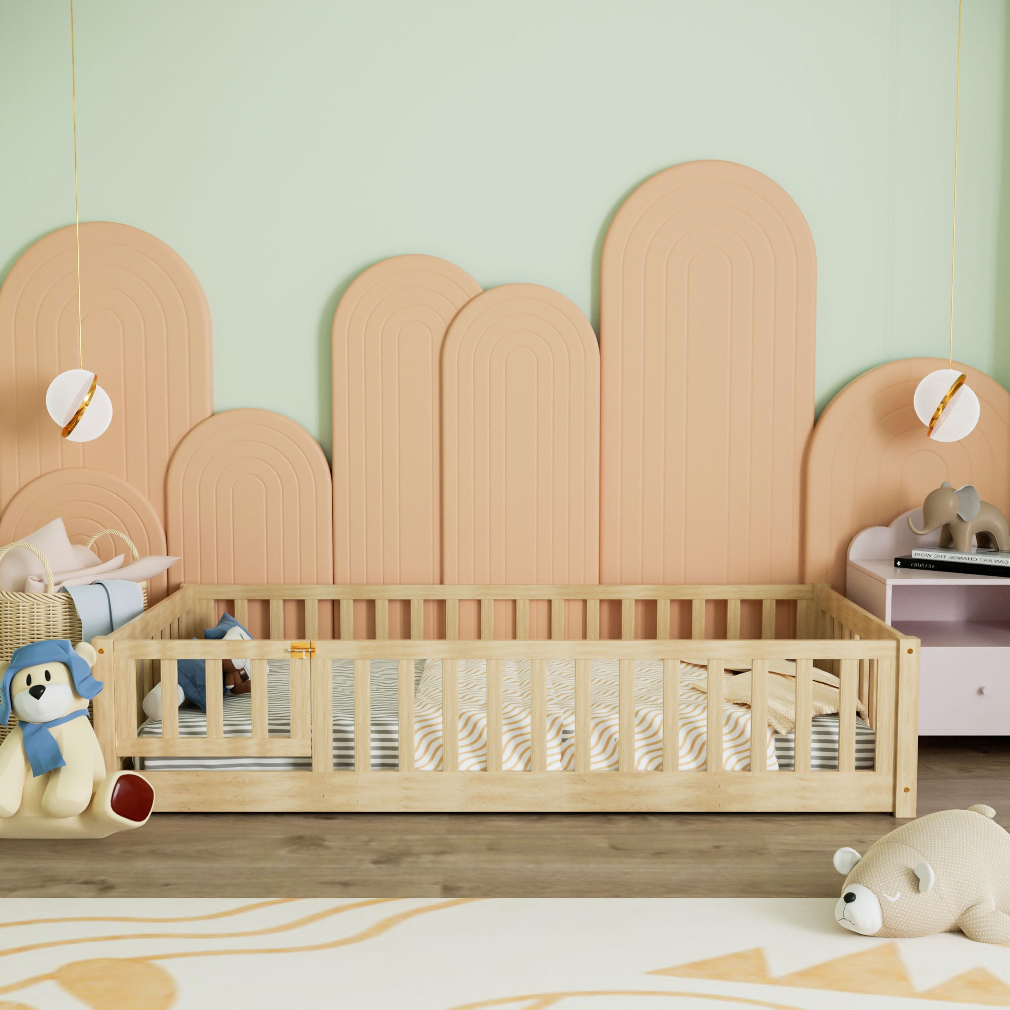 Miniyam Twin Size Toddler Floor Bed with Safety Guardrails, Natural