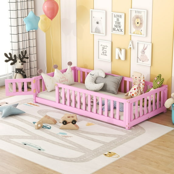 Miniyam Twin Size Toddler Floor Bed with with Safety Guardrails, Pink