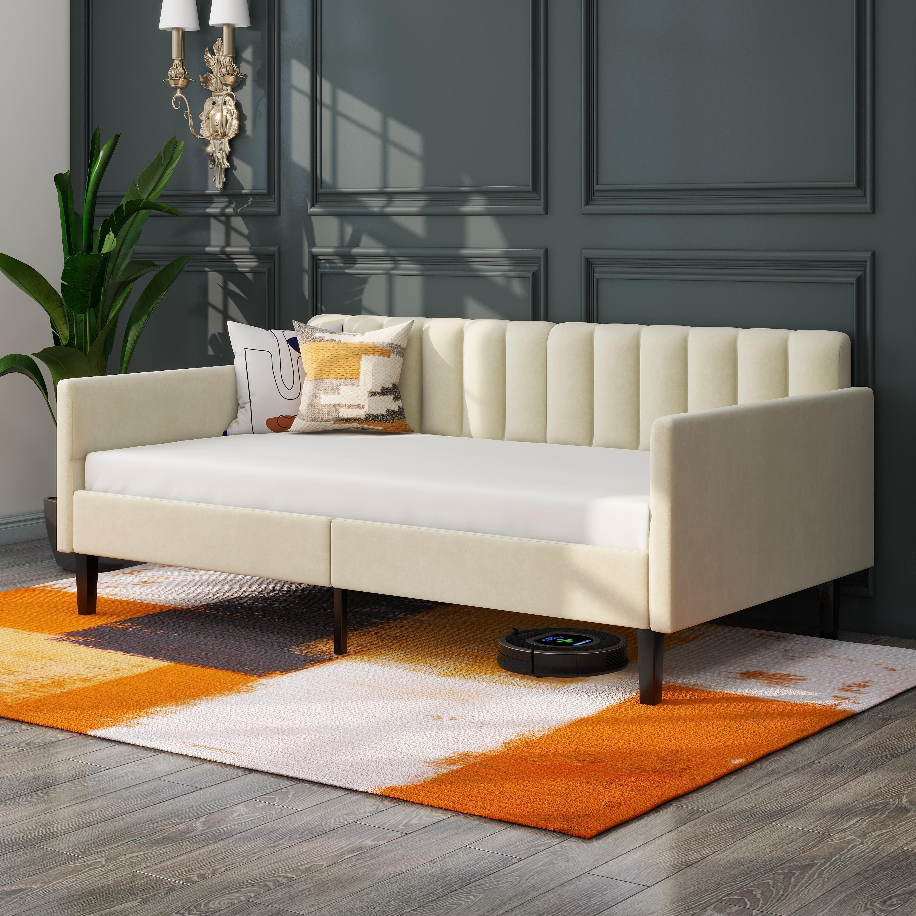 Miniyam Twin Size Upholstered Daybed, Sofa Bed Daybed Frame with Wood Slat Support for Living Room, Bedroom, White