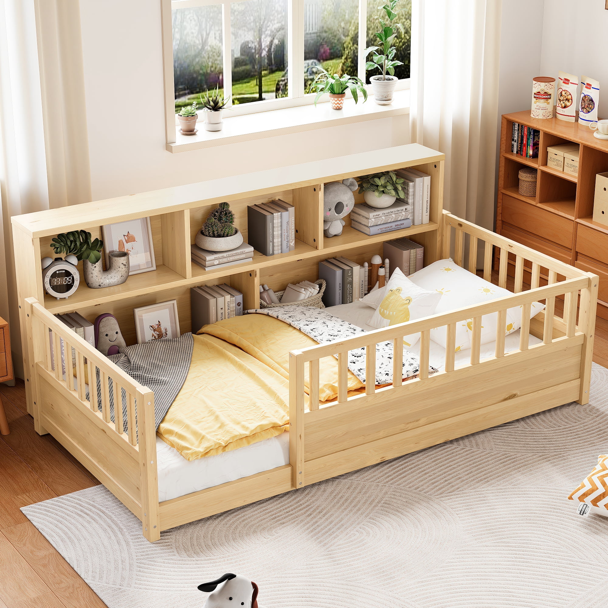 Miniyam Twin Size Wood Floor Bed with Guardrails, Storage & Bookshelf – Safe, Durable Design for Kids' Bedroom, Natural