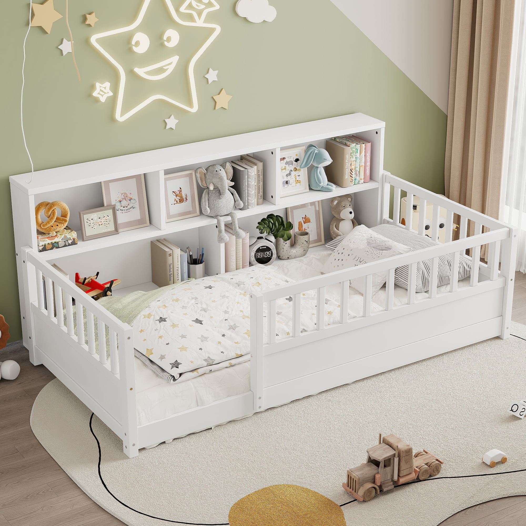 Miniyam Twin Size Wood Floor Bed with Guardrails, Storage & Bookshelf – Safe, Durable Design for Kids' Bedroom, White