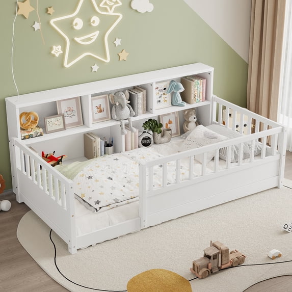 Miniyam Twin Size Wood Floor Bed with Guardrails, Storage & Bookshelf – Safe, Durable Design for Kids' Bedroom, White