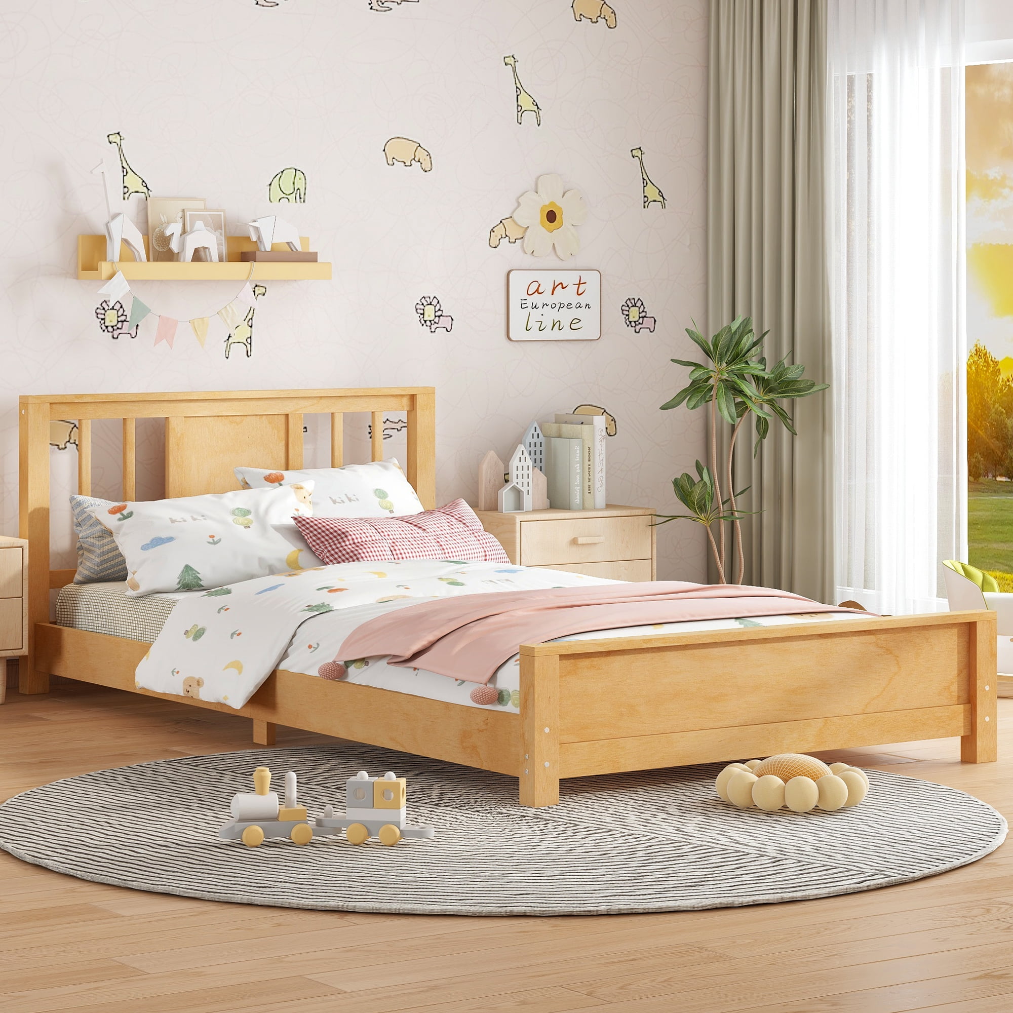 Miniyam Twin Bed Frame, Low Profile White Wood Platform Bed with Headboard, Footboard and Slat Support, Natural