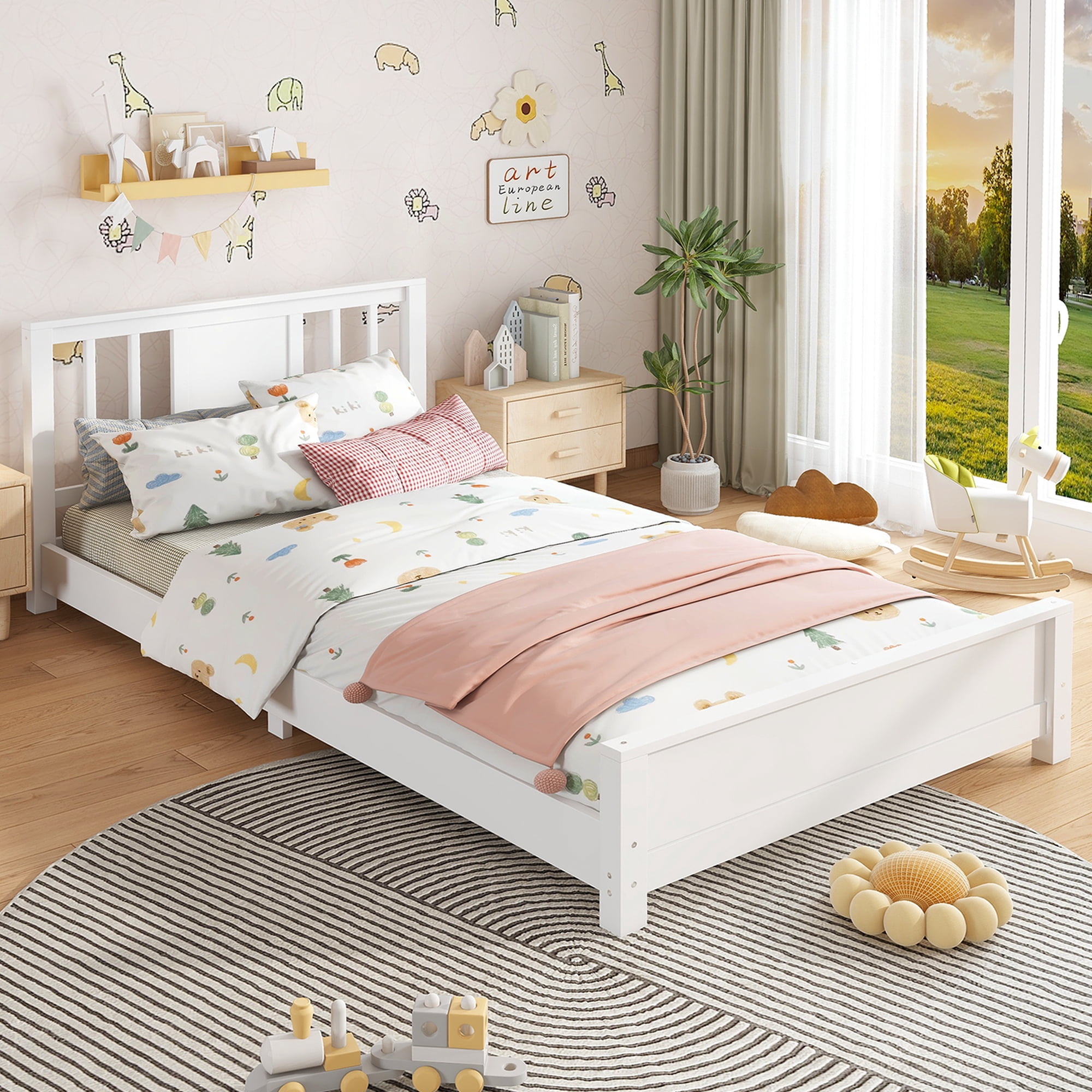 Miniyam Twin Bed Frame, Low Profile White Wood Platform Bed with Headboard, Footboard and Slat Support, White