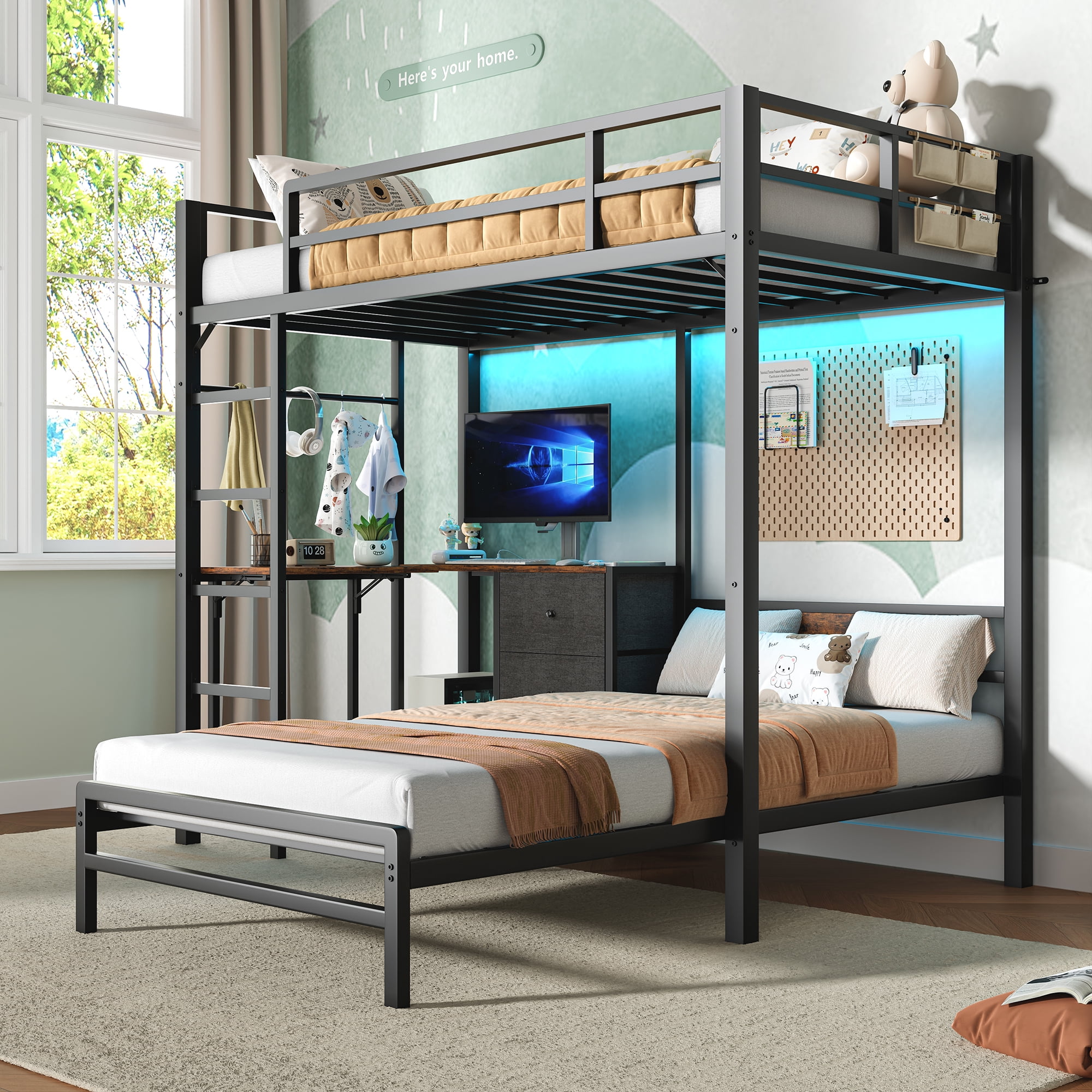 Miniyam Twin over Twin Bunk Bed with Desk, Charging Station & RGB LED Lights – Adjustable Ladder, Safety Guardrails, Space-Saving Design for Kids & Teens