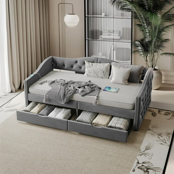 Miniyam Twin Upholstered Daybed with Drawers, Tufted Velvet, Gray