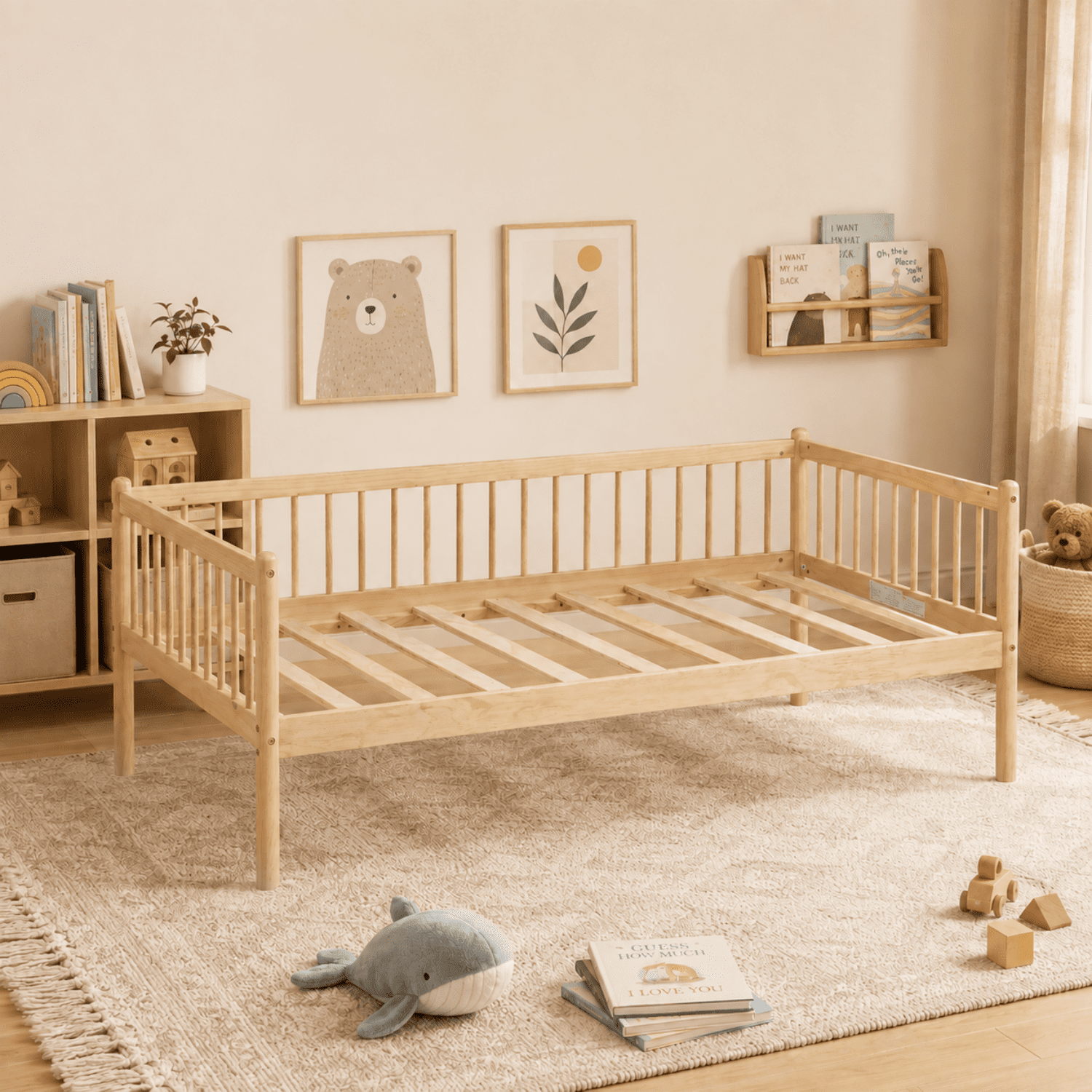Miniyam Twin Wooden Daybed with Spindle Guardrails, Solid Pine Wood Bed Frame, Natural