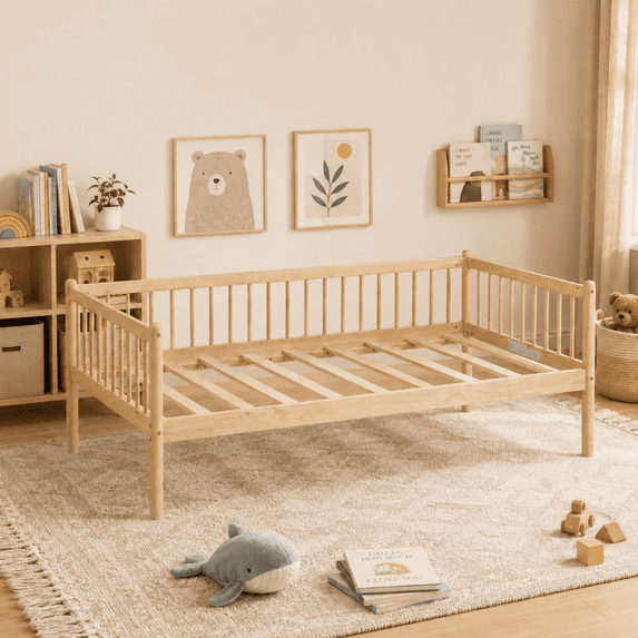 Miniyam Twin Wooden Daybed with Spindle Guardrails, Solid Pine Wood Bed Frame, Natural