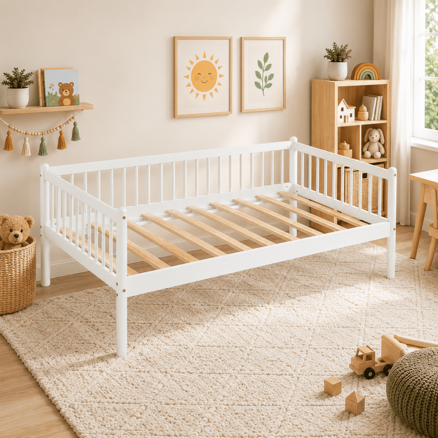 Miniyam Twin Wooden Daybed with Spindle Guardrails, Solid Pine Wood Bed Frame, White