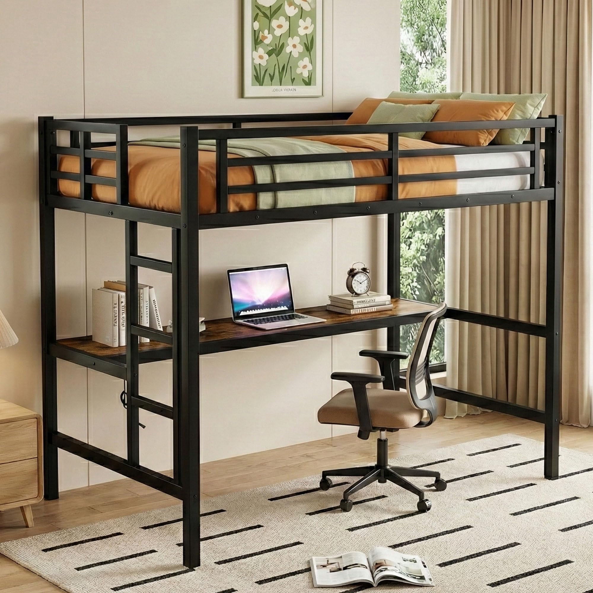 Miniyam Twin XL Metal Loft Bed Frame with Desk & Charge Station, Black