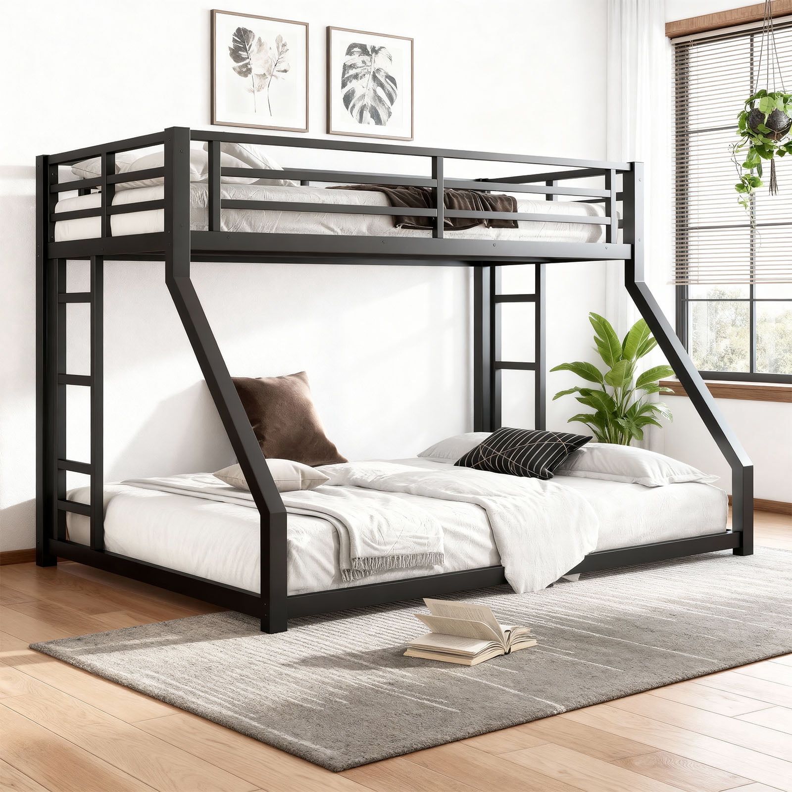 Miniyam Twin XL Over Queen Metal Bunk Bed Frame with Guardrail and Dual Ladders, Heavy-Duty Steel, Black