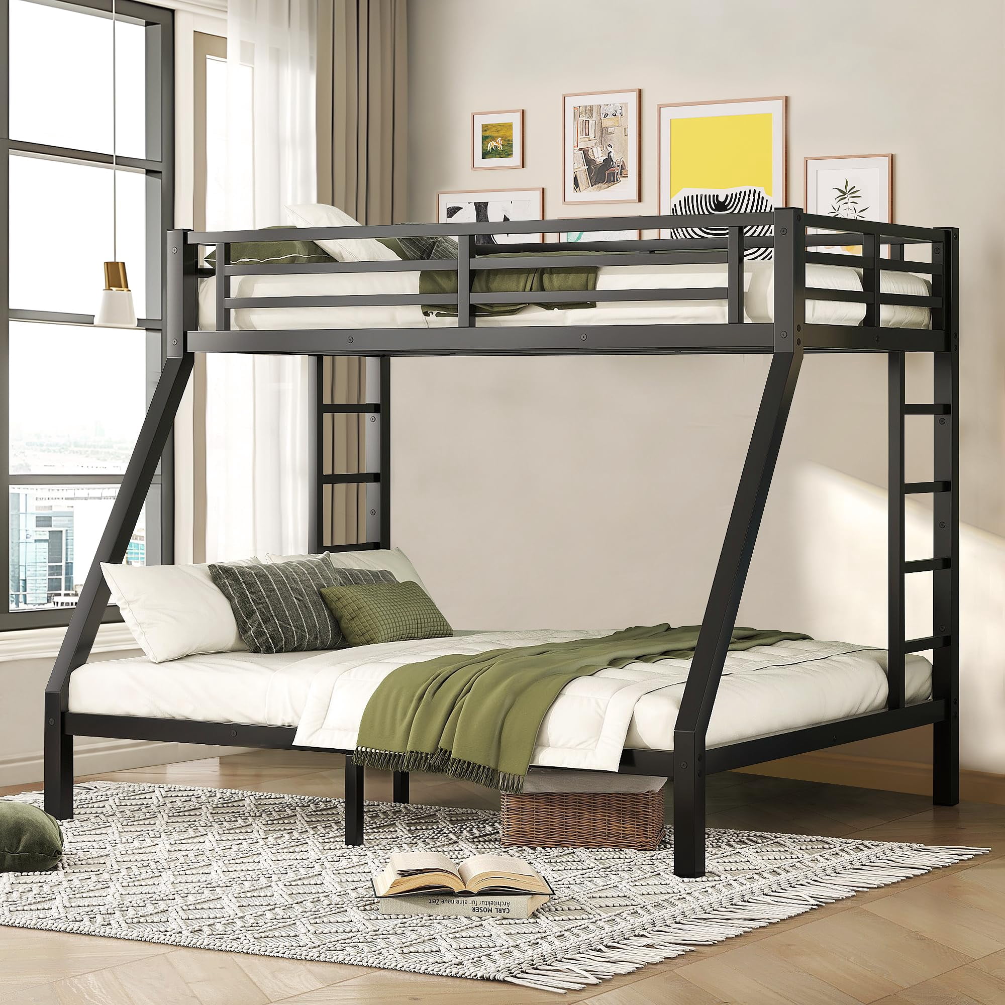 Miniyam Twin XL Over Queen Metal Bunk Bed with Guardrail and Ladders, Space-Saving Frame, White