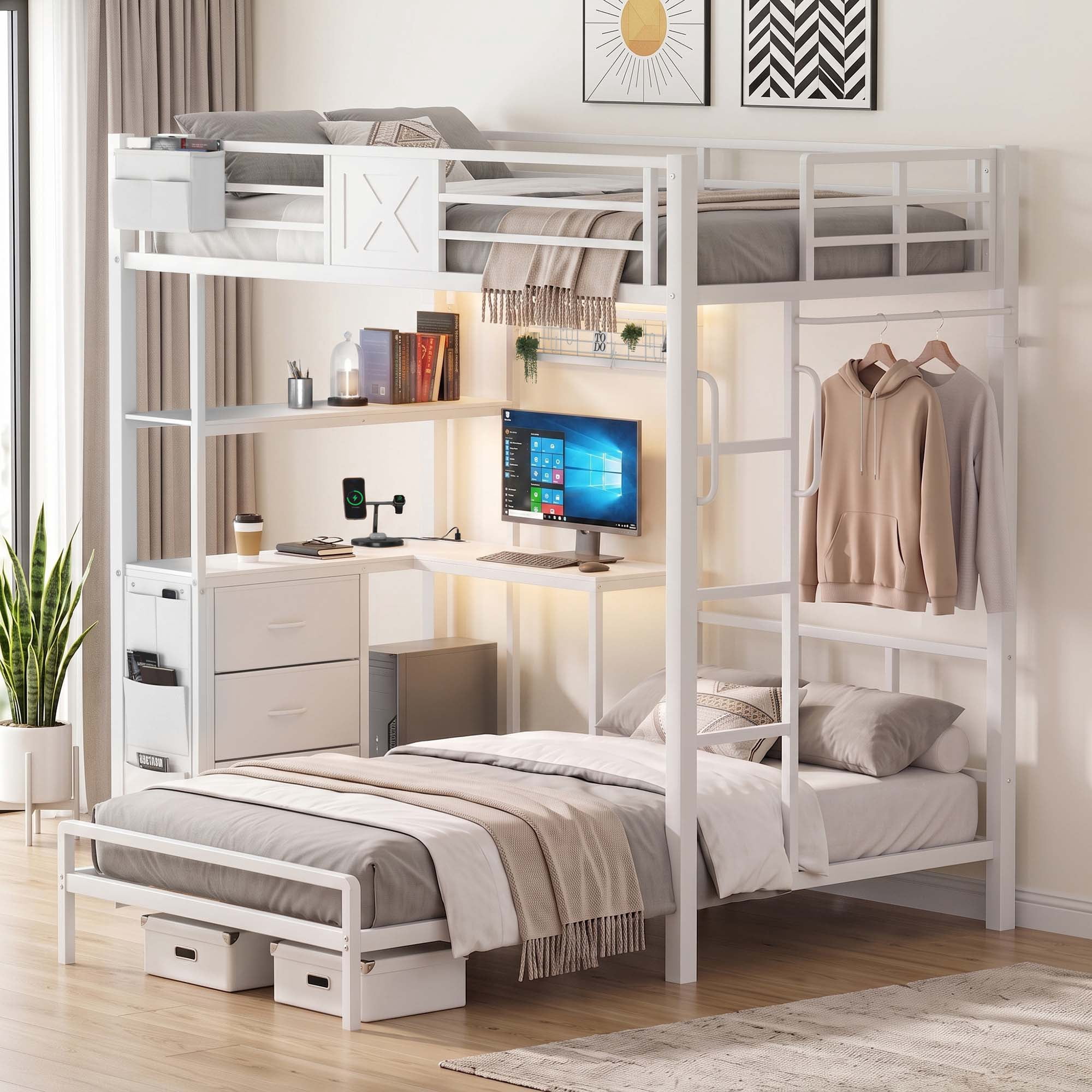Miniyam Twin XL Over Twin Metal Bunk Bed with L-Shaped Desk, Storage, RGB LED Light and Charging Station, White
