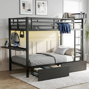 Miniyam Twin XL Over Twin XL Bunk Bed with Foldable Desk, Charging Station, 2 Drawers and LED Light, Metal Bed Frame, Black